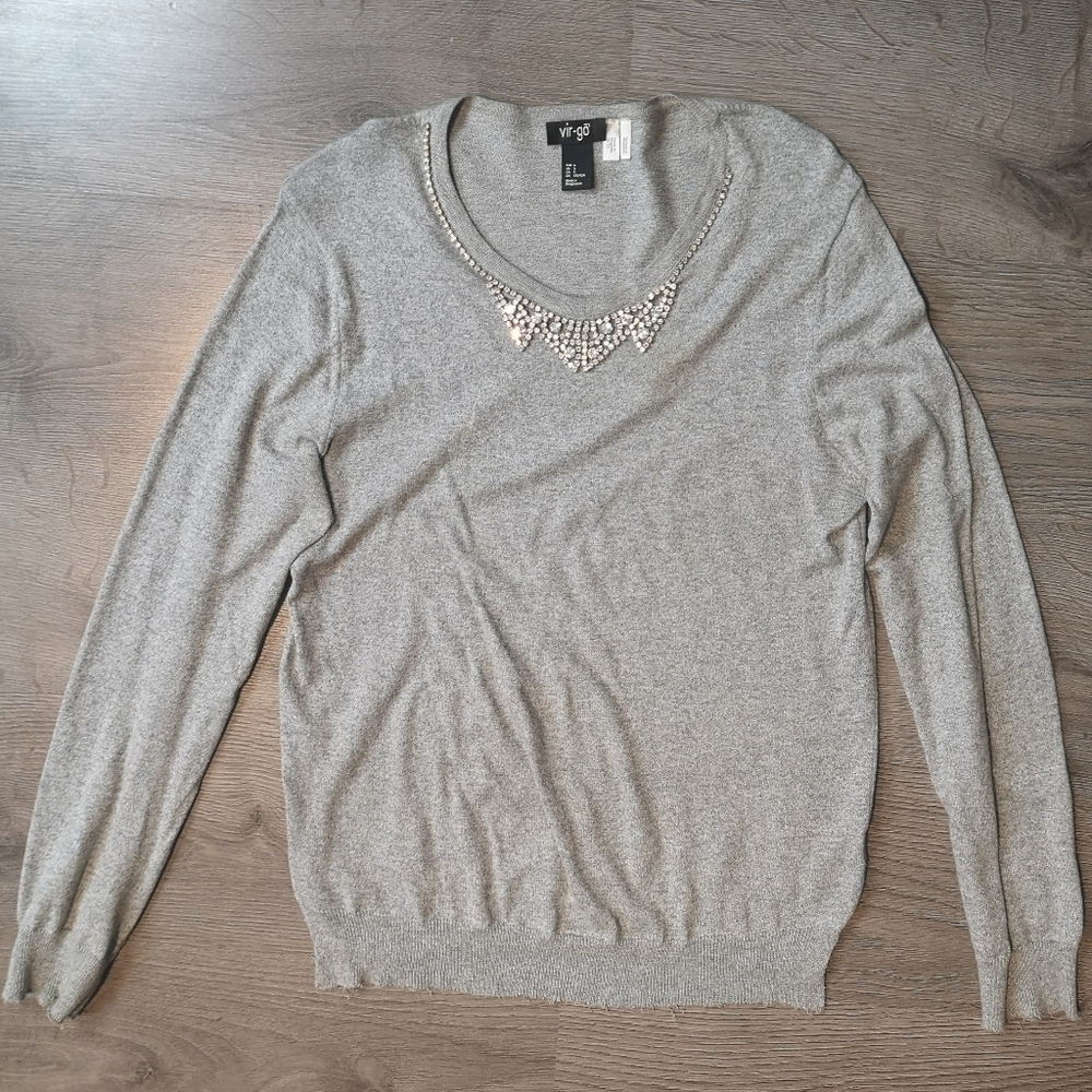 Neo-vintage 90s Gray Scoop Neck Deconstructed Rhinestone Trim Knit Pullover